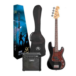 SX VEP34B-PK2 Bass Guitar Short Scale 3/4 Size - Black with Gig Bag & Amplifier