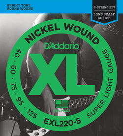 D'Addario EXL220-5 5-String Nickel Wound Bass Guitar Strings, Super Light, 40-125, Long Scale